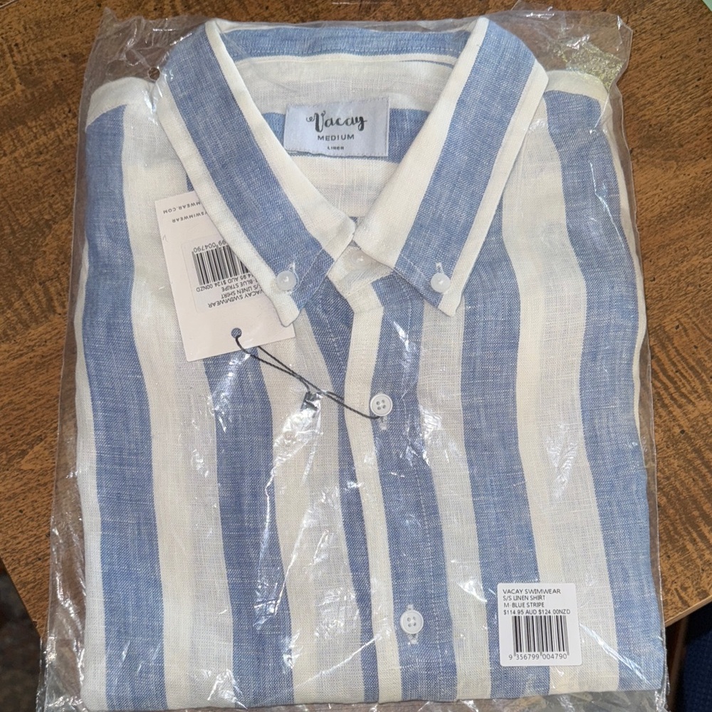 Blue and White Striped Men's Short Sleeve Linen Shirt
